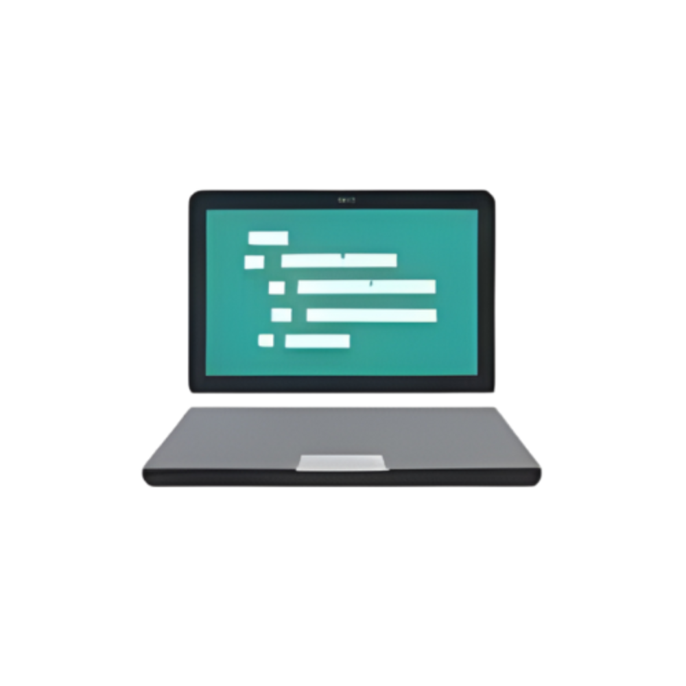 Laptop with a teal screen displaying text on a white background